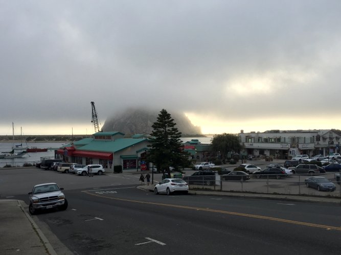 Time for dinner, and Morro Rock is already disappearing into a gloomy mist